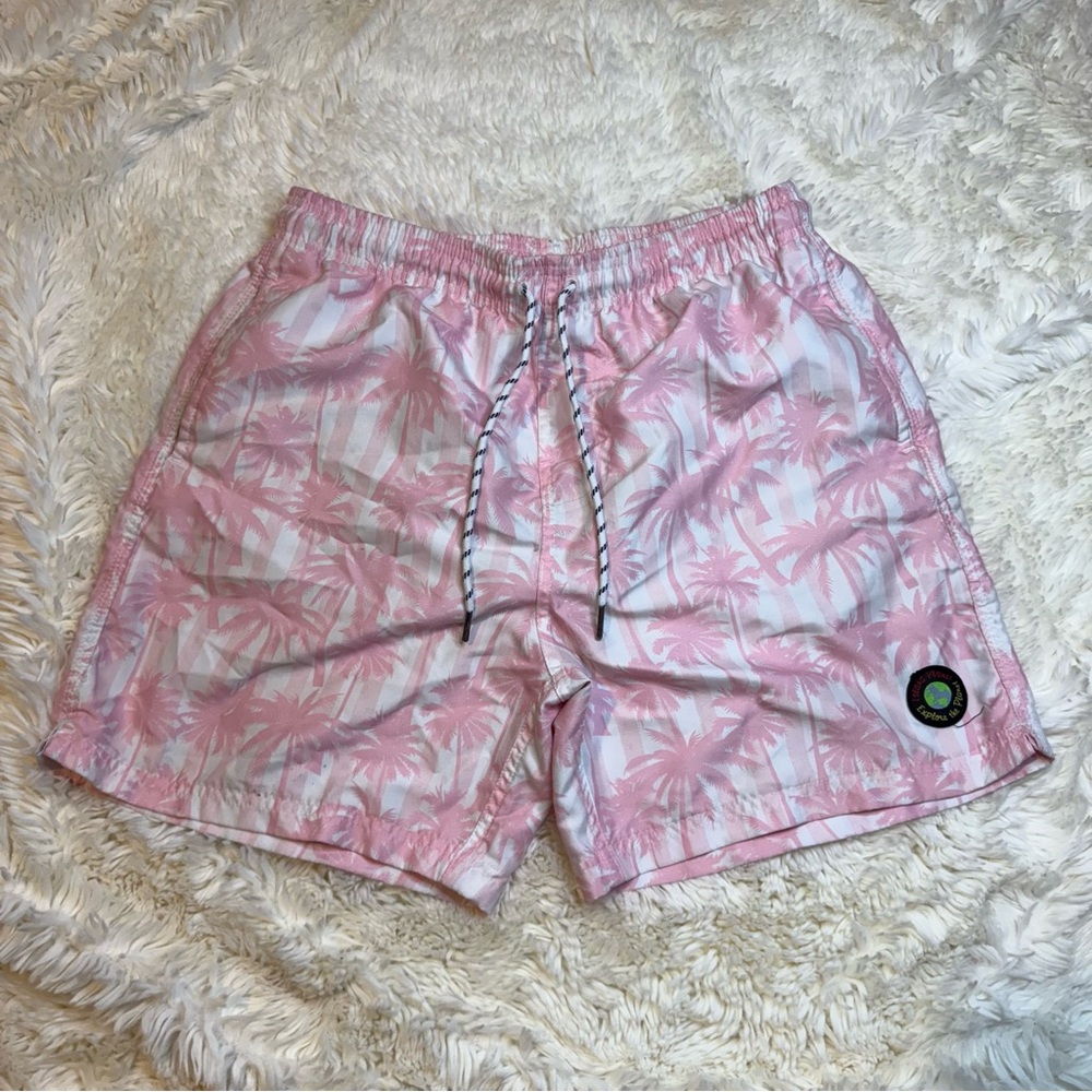 Island Planet men’s large Palm Print Pink swim trunks mesh lined 6” Inseam